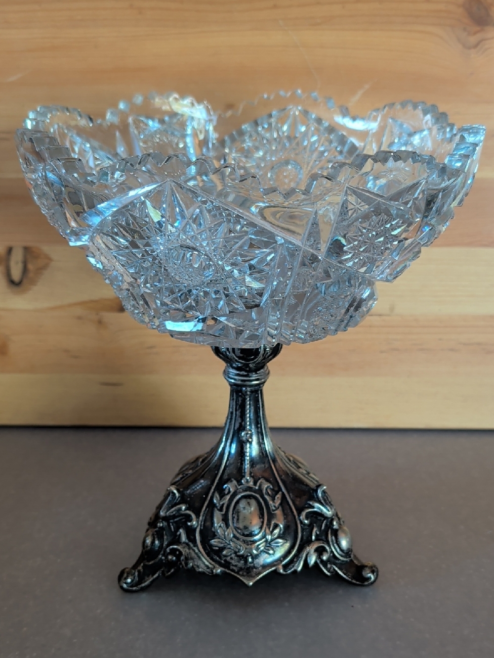 Crystal Cut Glass Compote on Ornate Silver-Tone Pedestal with Dried Fruit Decor.